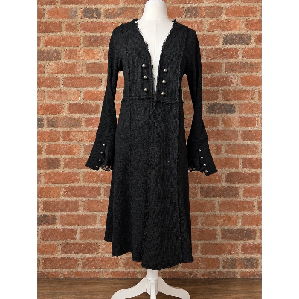 Y2K Black Distressed Long Cardigan Duster Lace S Whimsigoth Grunge Witchy Boho
